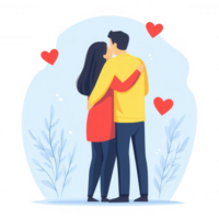 A couple embracing each other against a soft backdrop with hearts and plants, symbolizing love and connection in a modern illustration style. png