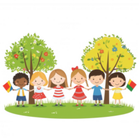A colorful illustration of six diverse children holding hands and standing together in a park with trees and flowers, symbolizing friendship and unity. png