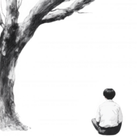 A contemplative scene depicting a boy sitting beneath a tree, lost in thought, conveying solitude and introspection. png