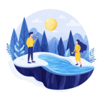 A couple enjoying a serene winter landscape, standing on an icy terrain near a peaceful pond, with mountains and a bright moon creating a magical atmosphere. png