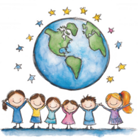 A colorful illustration of diverse children smiling and holding hands around a globe, symbolizing unity and friendship among different cultures, on a white isolated background. png