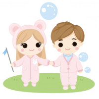 A cute illustration of two children holding hands in adorable outfits, surrounded by bubbles. Perfect for conveying joy, friendship, and childhood memories. png