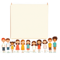 A diverse group of children standing together, smiling happily in front of a blank banner, perfect for messages or announcements, with vibrant colors and playful expressions. png