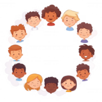 A diverse group of cartoon faces arranged in a circular pattern, showcasing various hairstyles and expressions, representing friendship and community. png
