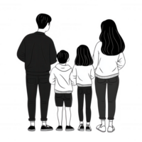A family of four standing together, viewed from behind in a simple, minimalist design. They share a moment of connection and togetherness, set against a white background. png