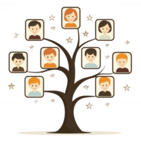 A family tree illustration featuring diverse characters in framed portraits connected by branches, symbolizing heritage and lineage on a transparent background. png