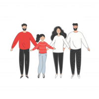 A diverse group of four people standing together, holding hands and smiling, showcasing unity and friendship on a white isolated background. png