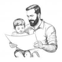 A father and son enjoying story time, reading together with smiles. A heartwarming scene that captures the bond between parent and child, perfect for family-oriented themes. png