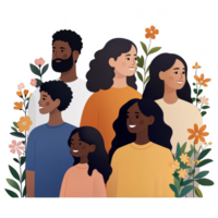 A diverse group of people of different ages, smiling and posed together, surrounded by colorful flowers on a white background, representing unity and happiness. png
