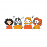 A group of four diverse individuals singing joyfully together. Each person has unique hair and expressions, radiating happiness and unity. Illustrative style with vibrant colors. png
