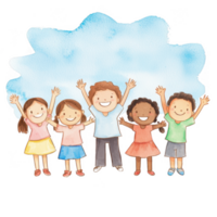 A group of five cheerful children, smiling and raising their hands in celebration, against a light blue background with soft clouds, conveying joy and friendship. png