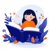 A happy child reading a magical book surrounded by colorful foliage, representing imagination and the joy of storytelling. png