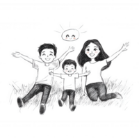 A happy family enjoying a sunny day together, with arms raised in celebration. They are seated on grass, radiating joy and togetherness in a playful scene. png
