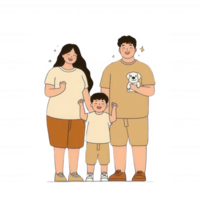 A happy family of three, including a child holding a puppy, standing together in matching outfits, expressing joy and togetherness in a cheerful, animated style. png