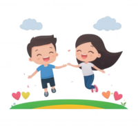 A joyful cartoon representation of two children holding hands and jumping in a vibrant landscape. They express happiness with smiling faces amidst colorful hearts and clouds. png