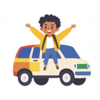 A joyful child happily stands on a colorful car, celebrating adventure and freedom. The scene conveys a sense of fun and excitement, ideal for travel-themed content. png