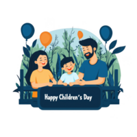 A joyful family celebrating Children's Day, with smiling parents and a child surrounded by colorful balloons and greenery, embodying love and happiness. png