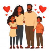 A joyful family of four, standing together and smiling. They exude love and happiness, surrounded by floating heart shapes, representing warmth and togetherness. png