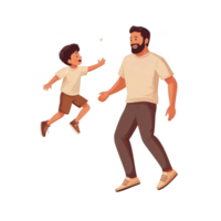 A joyful moment between a father and son, with the child playfully jumping towards his dad. Bright colors and warm expressions highlight their bond and happiness. png