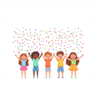 A joyful group of children celebrating with colorful confetti. They are smiling and raising their hands in excitement. Perfect for themes of happiness and childhood. png