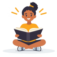 A joyful girl reading a book while sitting cross-legged. She shows excitement and engagement, surrounded by radiant lines symbolizing inspiration and imagination. png