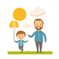 A joyful illustration of a man and a child holding hands outdoors, with a sunny background and clouds, representing happiness and family bonding. png