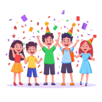 A joyful group of children celebrating together with colorful confetti and party hats, filled with happiness and excitement. png