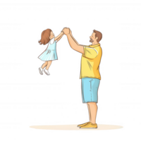 A joyful moment between a father and daughter as he lifts her into the air, showcasing love and connection. The scene captures happiness and family bonding in a playful setting. png
