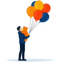 A joyful man embraces a bear while holding colorful balloons against a white background, symbolizing happiness and celebration. png