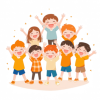A joyful group of children celebrating together with raised hands and bright smiles, showcasing unity and happiness in a fun environment. png