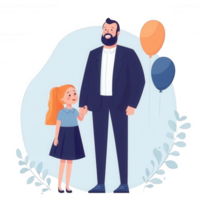 A joyful illustration of a father holding hands with his daughter, both smiling with colorful balloons in the background, capturing a moment of love and connection. png