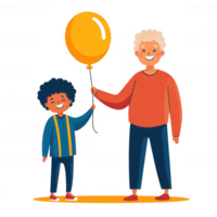 A joyful scene depicting an older man and a young boy holding a yellow balloon, symbolizing happiness and connection between generations. png