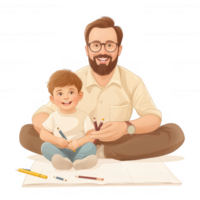 A joyful moment of a father and his son sitting on the floor, surrounded by colorful art supplies, creating drawings together in a warm and loving environment. png
