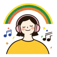 A joyful individual wearing headphones, immersed in music, with colorful notes and a vibrant rainbow in the background, representing happiness and positive vibes. png