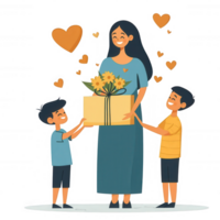 A joyful scene of a mother receiving gifts from her two children, symbolizing love and appreciation, with hearts and flowers enhancing the warmth of the moment. png