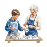 A joyful scene of a child and grandparent creating beautiful painted mugs together, showcasing a bonding moment filled with creativity and love. png