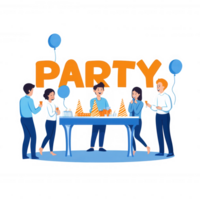 A lively party scene featuring guests enjoying snacks and drinks while celebrating with balloons and decorations, showcasing joy and camaraderie in a festive atmosphere. png