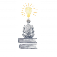 A minimalistic illustration of a person meditating on books, symbolizing knowledge and enlightenment with a light bulb shining above their head. png