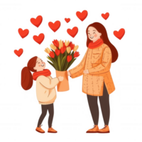 A mother and daughter joyfully exchanging a bouquet of colorful tulips. The background is filled with hearts, symbolizing love and affection. A warm, heartwarming moment captured. png