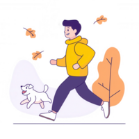 A person wearing a yellow hoodie enjoys a brisk walk with a playful dog amidst falling leaves in a vibrant autumn setting. png