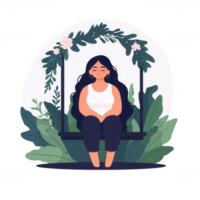 A serene illustration of a woman sitting on a swing surrounded by lush greenery and flowers, embodying a sense of calmness and introspection. png