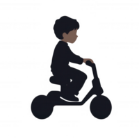 A silhouette of a child riding a scooter, showcasing playfulness and outdoor activities. Ideal for representing childhood, fun, and movement in various creative projects. png