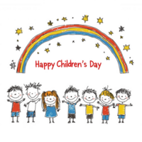 A vibrant illustration celebrating Children's Day with diverse children smiling under a rainbow, conveying joy and unity in a colorful, whimsical design. png