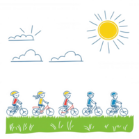 A vibrant illustration of children riding bicycles under a sunny sky, showcasing a fun outdoor activity that promotes fitness and enjoyment in nature. png