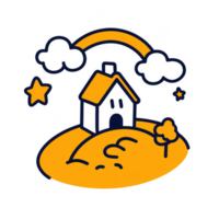 A whimsical illustration of a house on a hill, featuring a rainbow, clouds, and stars, ideal for decoration or themed designs. png
