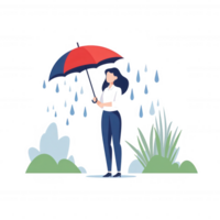 A woman stands under an umbrella amidst rain, surrounded by greenery, evoking feelings of calm and peace. The illustration captures the essence of enjoying nature in wet weather. png