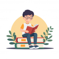 A young boy joyfully reading a book while seated on two stacks of books, surrounded by green leaves, against a soft, circular background. png
