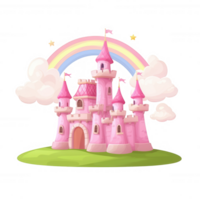 A whimsical pink castle surrounded by fluffy clouds and a vibrant rainbow, set on green grass. Perfect for fantasy-themed projects and decorative designs. png