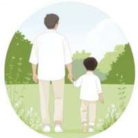 A warm moment sharing between a parent and child in a lush green setting, symbolizing love and connection as they walk together hand in hand. png