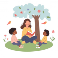 A woman reads a book to two children sitting on the grass under a tree adorned with flowers and birds, capturing a warm and joyful moment of storytelling in nature. png